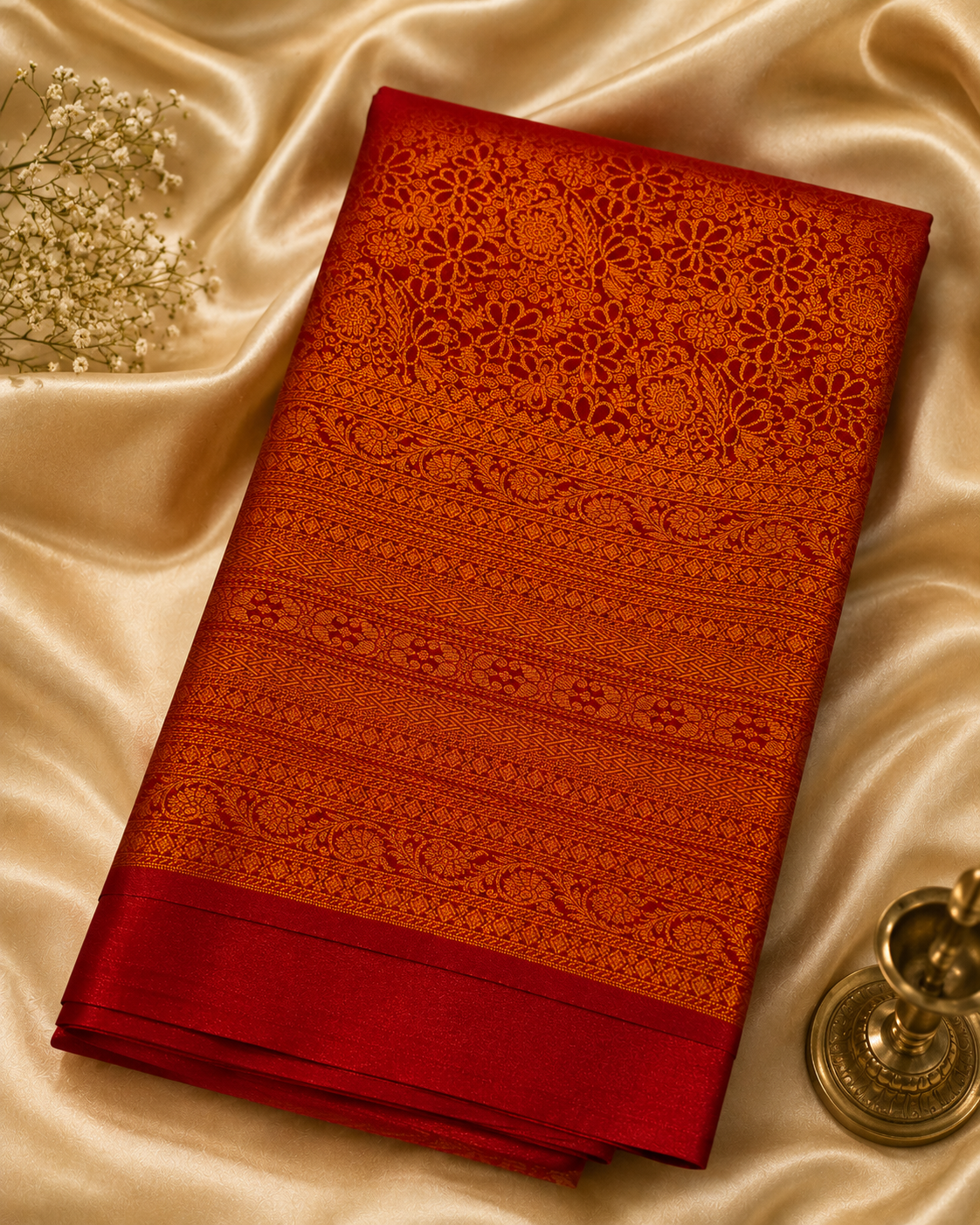 Sindura Deep Red Kanjipuram Silk Saree with Gold Zari Floral Motifs