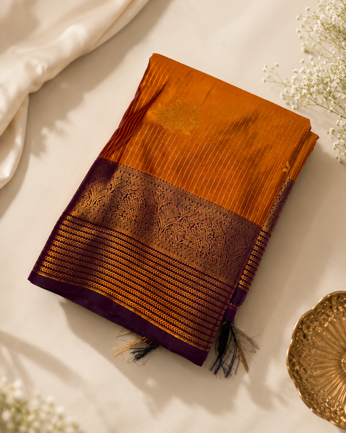 Haridra Amber Gold Kanjipuram Silk Saree with Deep Purple Zari Border